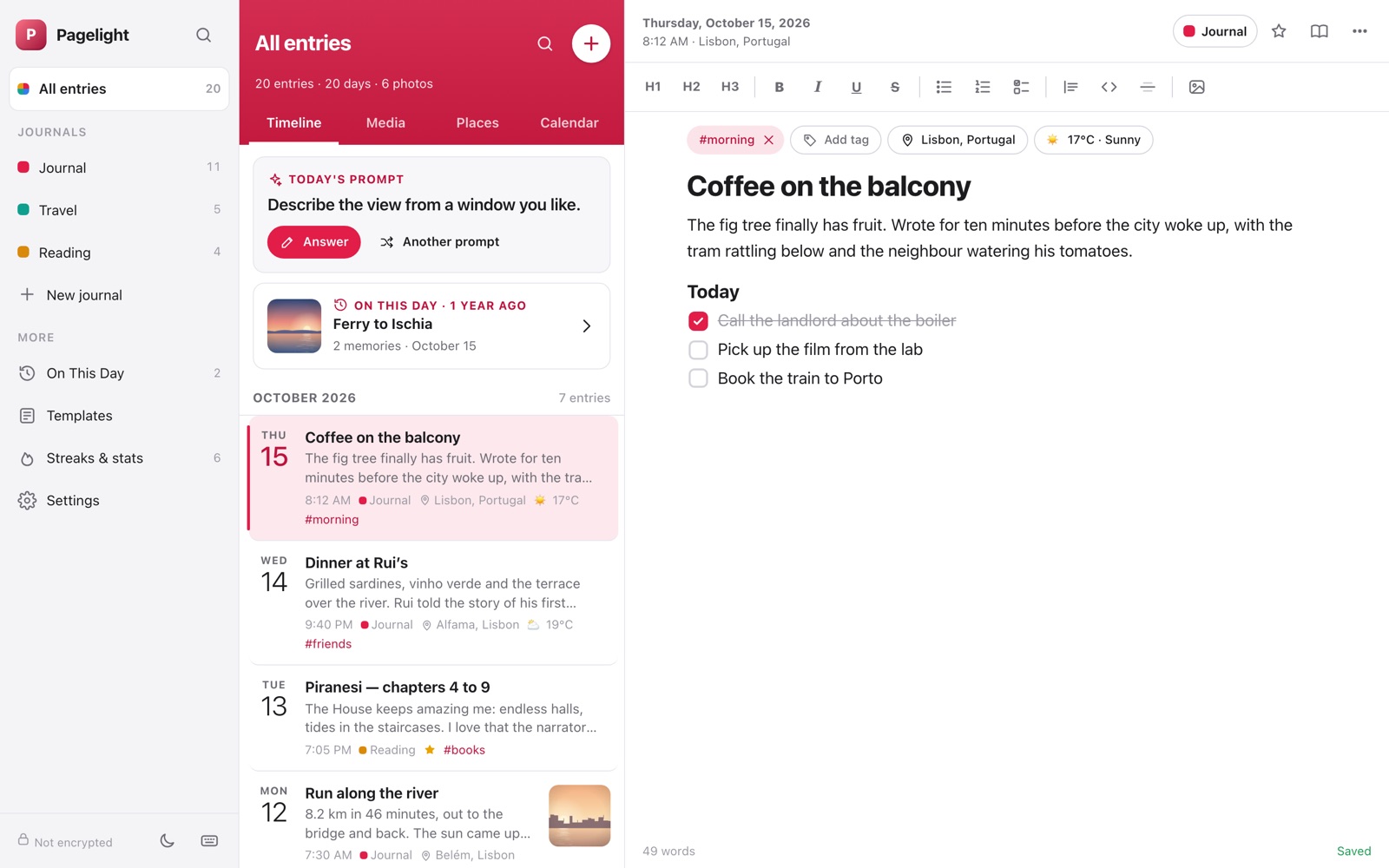 Pagelight, the free Day One alternative, open on a computer