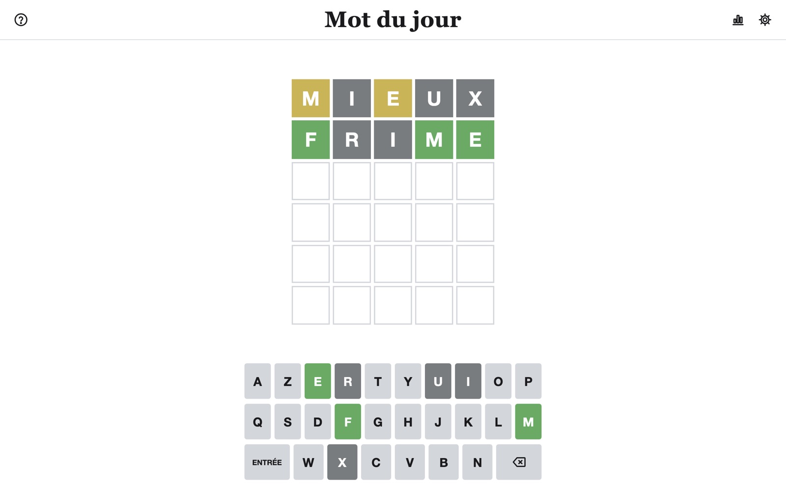 Mot du jour, the free Wordle alternative, open on a computer